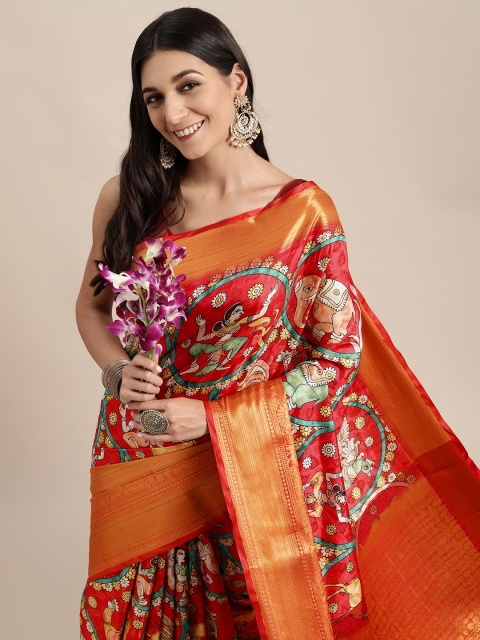 

VASTRANAND Red & Orange Kalamkari Block Print Saree
