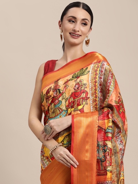 

VASTRANAND Mustard Yellow Kalamkari Silk Blend Banarasi Saree