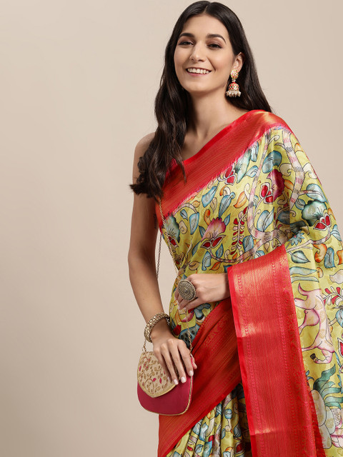 

VASTRANAND Yellow & Blue Kalamkari Block Print Saree