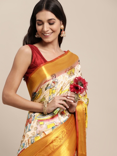 

VASTRANAND Off White & Yellow Kalamkari Block Print Saree