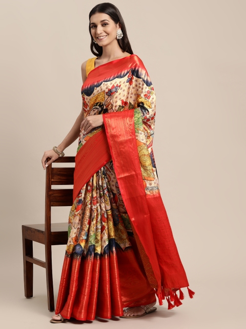 

VASTRANAND White & Red Kalamkari Zari Silk Blend Banarasi Saree