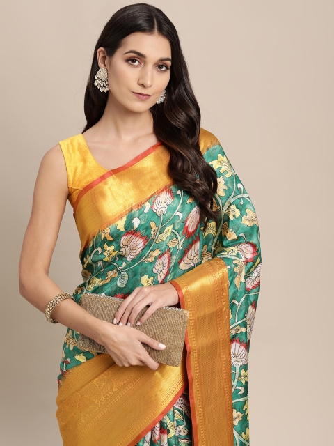 

VASTRANAND Green Kalamkari Zari Silk Blend Banarasi Saree