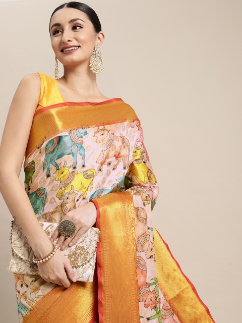 

VASTRANAND Off White & Yellow Kalamkari Silk Blend Banarasi Saree