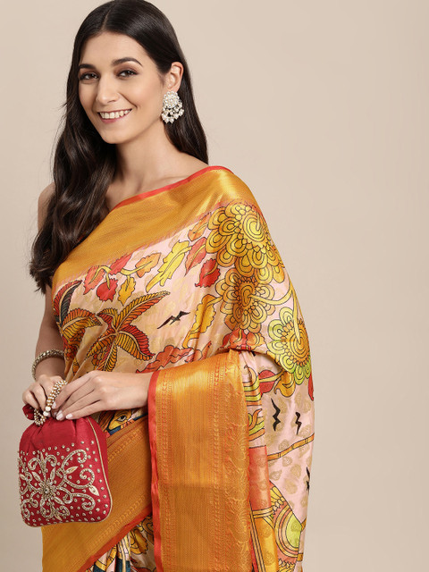

VASTRANAND White & Orange Kalamkari Zari Silk Blend Banarasi Saree
