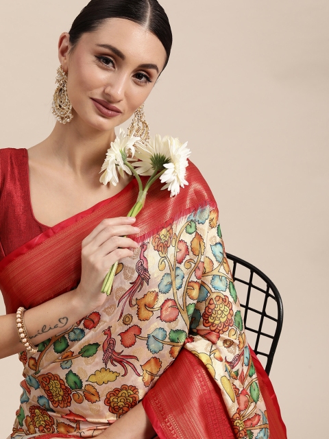 

VASTRANAND Off White & Red Kalamkari Silk Blend Banarasi Saree