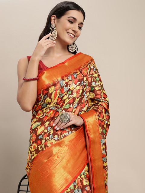 

VASTRANAND Yellow Kalamkari Block Print Saree