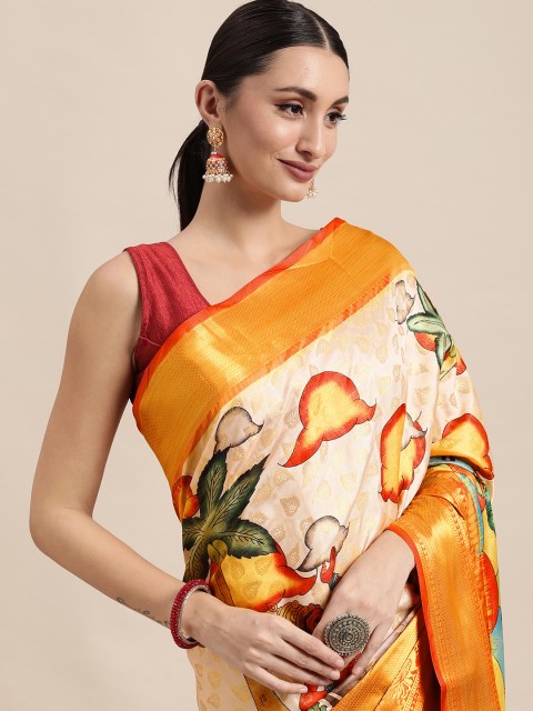 

VASTRANAND Off White Kalamkari Block Print Saree