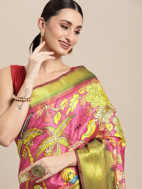 

VASTRANAND Pink & Yellow Kalamkari Zari Silk Blend Banarasi Saree