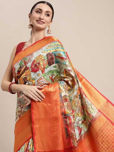 

VASTRANAND Turquoise Blue & Pink Kalamkari Zari Silk Blend Banarasi Saree