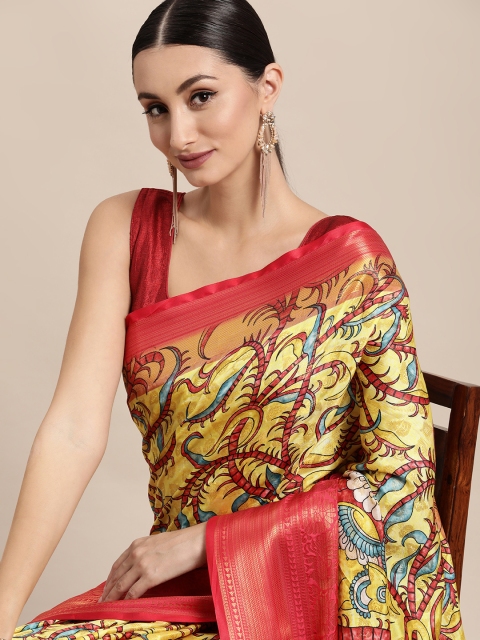 

VASTRANAND Yellow & Red Kalamkari Zari Silk Blend Banarasi Saree