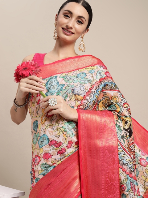 

VASTRANAND Peach-Coloured & Blue Kalamkari Zari Silk Blend Banarasi Saree