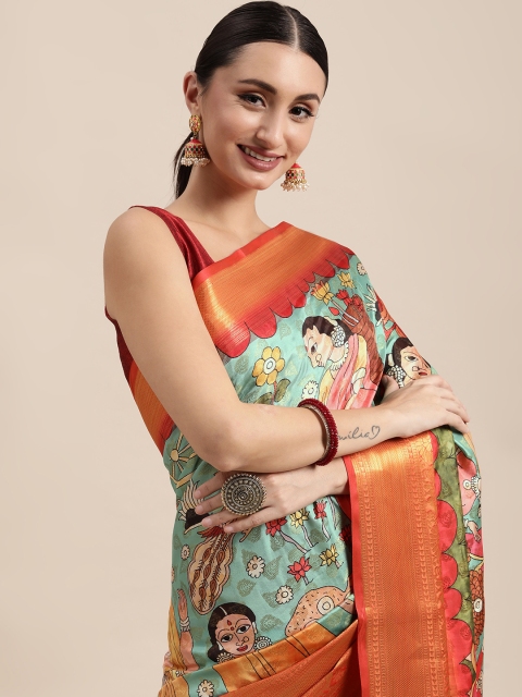 

VASTRANAND Green & Pink Kalamkari Zari Silk Blend Banarasi Saree
