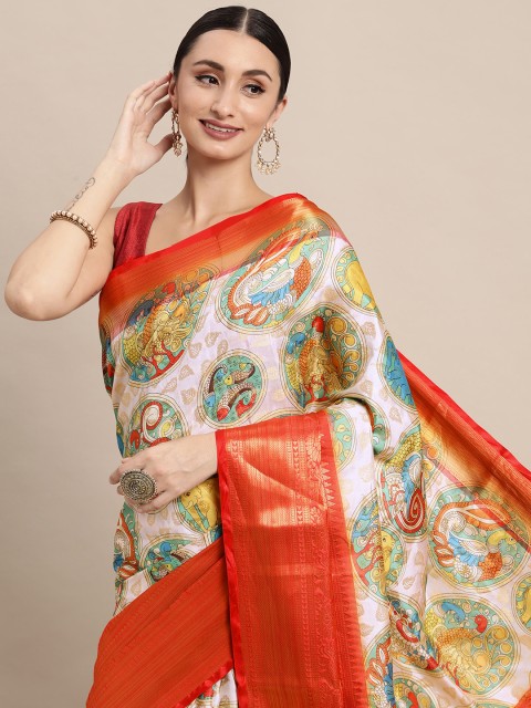 

VASTRANAND Off White & Yellow Kalamkari Zari Silk Blend Banarasi Saree