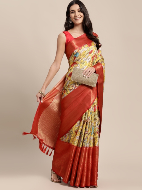 

VASTRANAND Yellow Kalamkari Block Print Saree