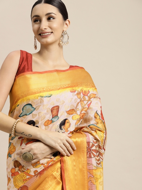 

VASTRANAND Pink & Yellow Kalamkari Zari Silk Blend Banarasi Saree
