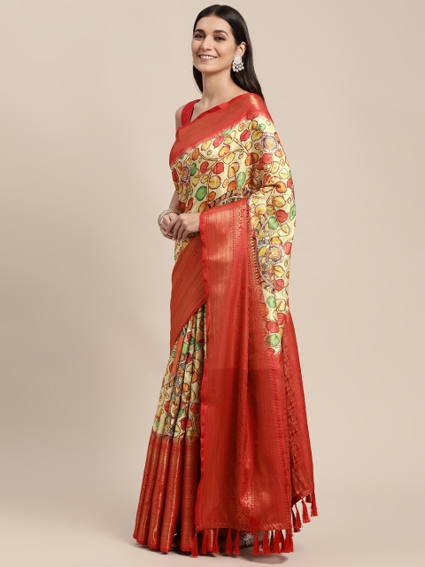 

VASTRANAND Off White & Red Kalamkari Block Print Saree
