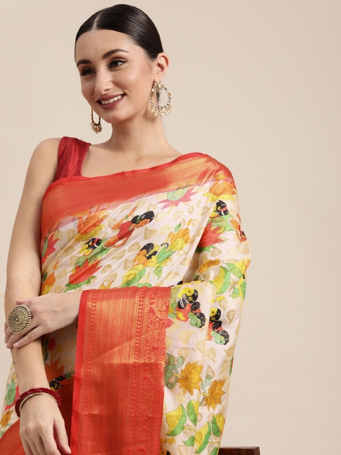 

VASTRANAND White & Green Kalamkari Zari Silk Blend Banarasi Saree