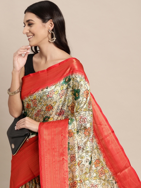 

VASTRANAND Off White Kalamkari Block Print Saree