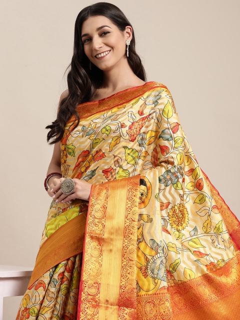 

VASTRANAND Off White & Beige Kalamkari Block Print Saree