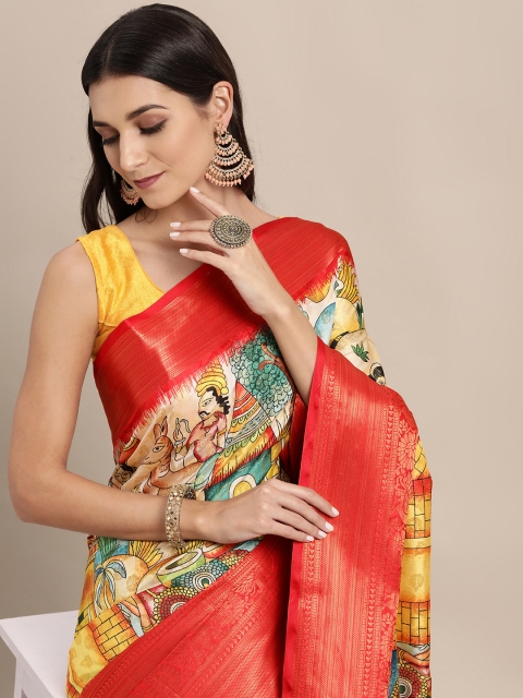 

VASTRANAND White & Red Kalamkari Zari Silk Blend Banarasi Saree