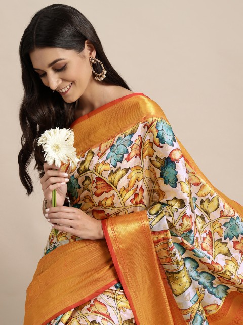

VASTRANAND Cream-Coloured & Blue Kalamkari Block Print Saree