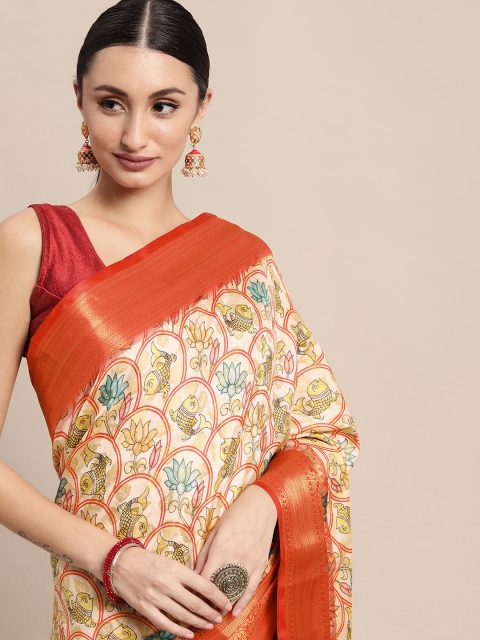 

VASTRANAND Cream-Coloured Kalamkari Block Print Saree