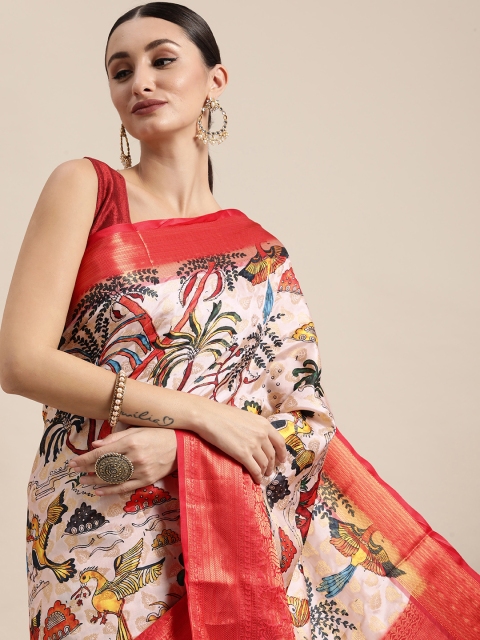 

VASTRANAND White & Red Kalamkari Zari Silk Blend Banarasi Saree