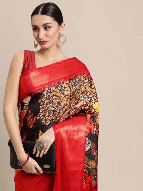 

VASTRANAND Black & Red Kalamkari Zari Silk Blend Banarasi Saree