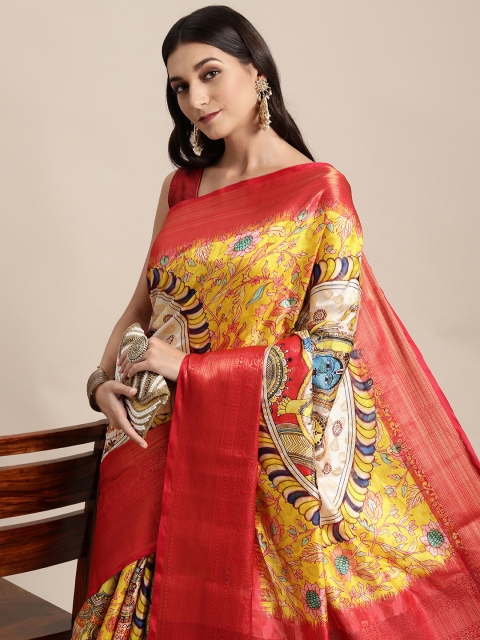 

VASTRANAND Yellow & Off White Kalamkari Block Print Saree