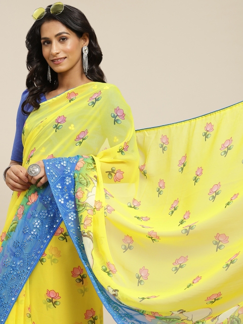 

Mitera Yellow & Blue Kalamkari Mirror Work Poly Georgette Saree