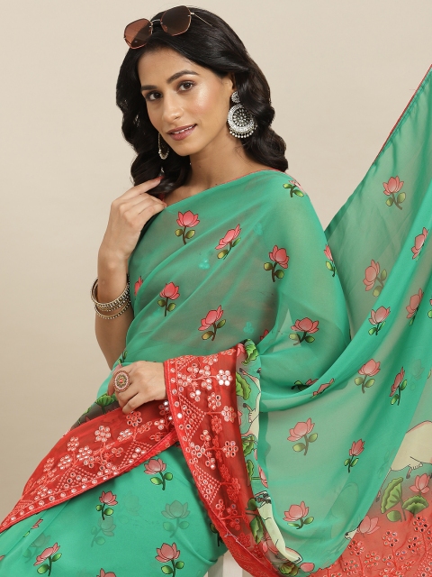

Mitera Green & Pink Kalamkari Mirror Work Poly Georgette Saree