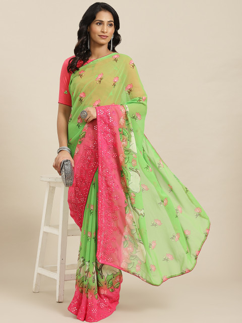 

Mitera Green & Pink Kalamkari Mirror Work Poly Georgette Saree