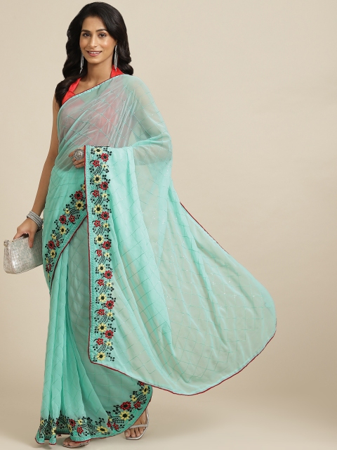 

Mitera Turquoise Blue Checked Sequinned Poly Georgette Saree