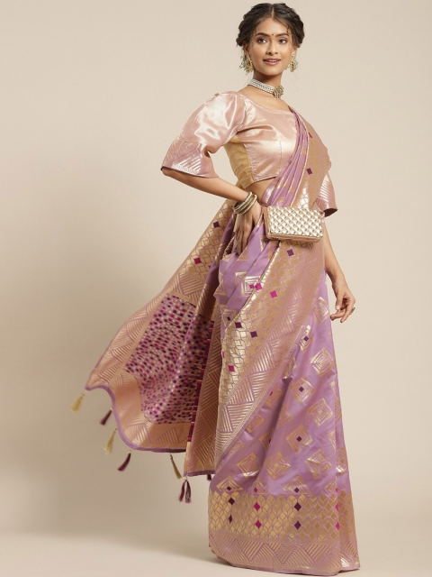 

Mitera Women Purple & Gold-Toned Woven Design Zari Silk Blend Banarasi Saree