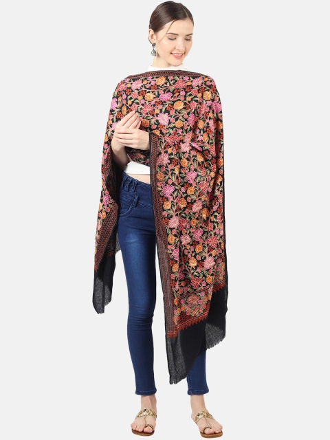 

MUFFLY Women's Black &Pink Pashmina Fine Wool, Zari Embroidery work Stole