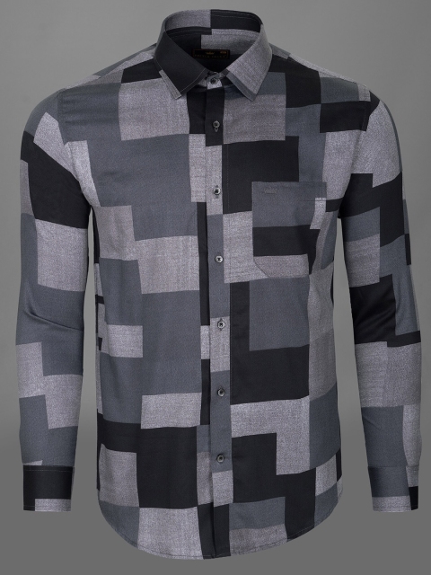 

FRENCH CROWN Men's Black Standard Printed Formal Shirt