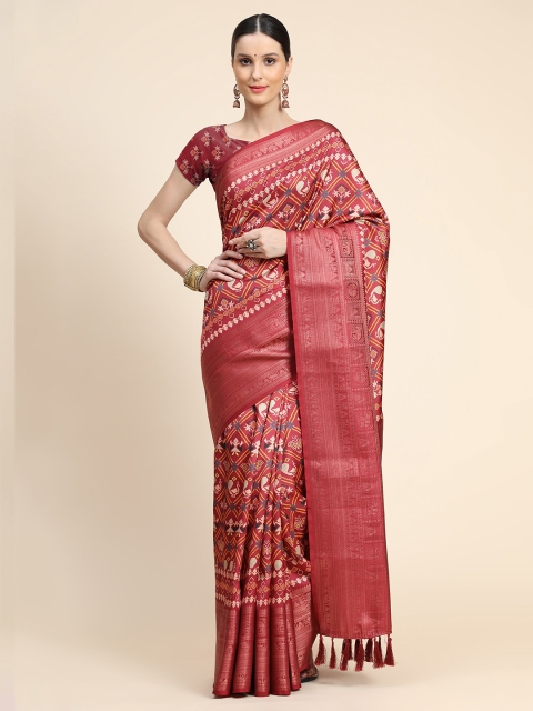 

KALANANDI Maroon & Green Ethnic Motifs Zari Silk Blend Patola Saree