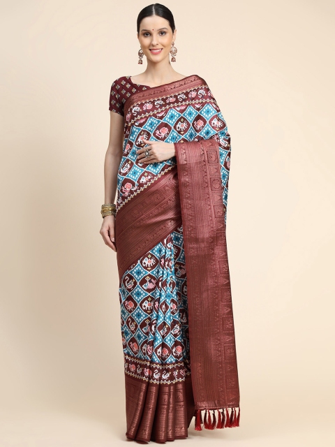 

KALANANDI Blue & Brown Ethnic Motifs Zari Silk Blend Patola Saree