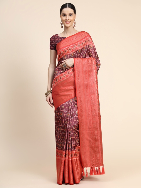 

KALANANDI Magenta & Peach-Coloured Ethnic Motifs Zari Silk Blend Patola Saree