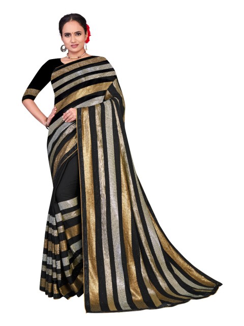 

STAOVIN Black & Gold-Toned Striped Sequinned Saree