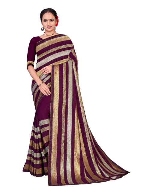 

STAOVIN Magenta & Gold-Toned Striped Sequinned Saree