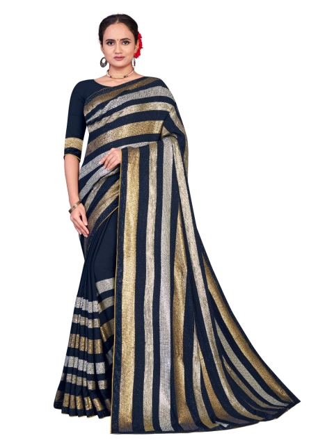 

STAOVIN Navy Blue & Gold-Toned Striped Sequinned Saree