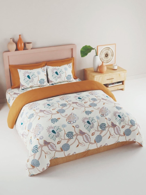 

BIANCA White & Teal Floral 186 TC King Bedsheet with 2 Pillow Covers