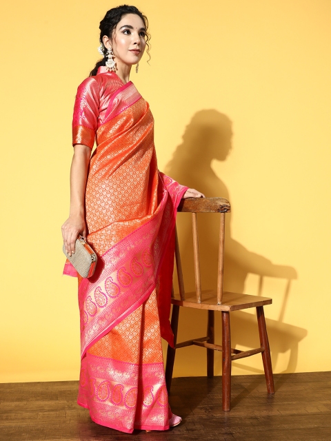 

Saree mall Orange & Pink Ethnic Motifs Zari Silk Blend Dharmavaram Sarees