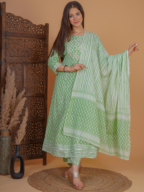 

MEERA FAB Women Sea Green Ethnic Motifs Printed Layered Thread Work Pure Cotton Kurta with Churidar & With