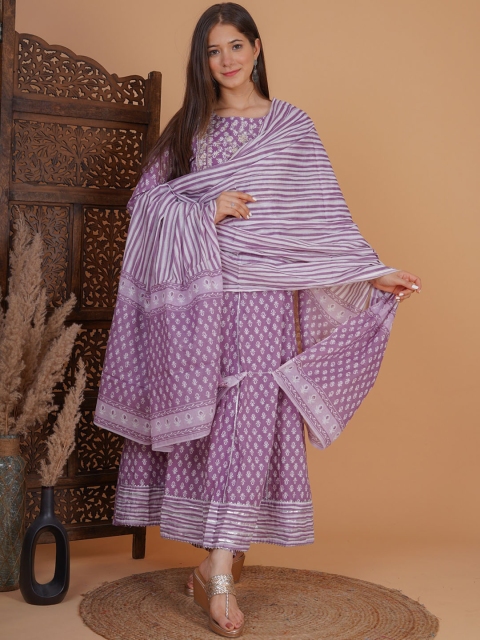 

MEERA FAB Women Lavender Printed Pure Cotton Kurta with Palazzos & With Dupatta