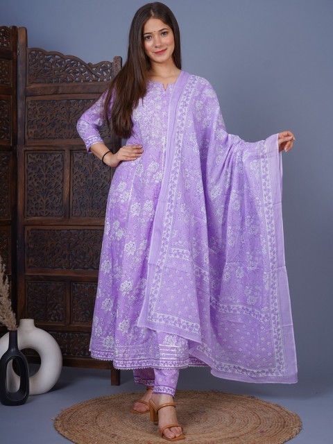 

MEERA FAB Women Lavender Ethnic Motifs Layered Patchwork Pure Cotton Kurti with Skirt & With Dupatta