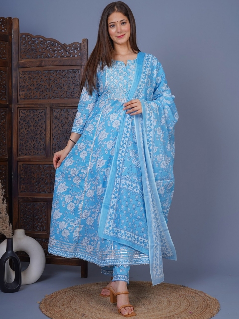 

MEERA FAB Women Blue Ethnic Motifs Printed Gotta Patti Pure Cotton Kurta with Trousers & With Dupatta