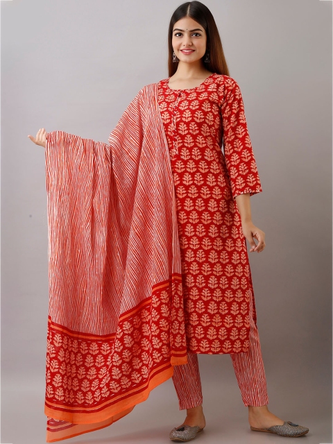 

SP DESIGNS Women Red Ethnic Motifs Printed Pure Cotton Kurta with Trousers & With Dupatta