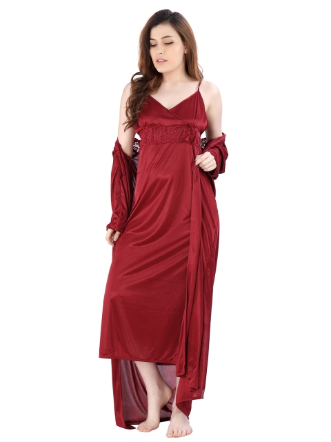 

Romaisa Women Maroon Maxi Wrap Nightdress with Robe